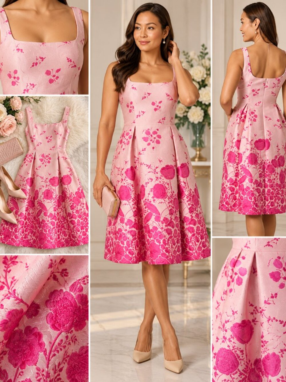 Adrianna Papell Pink Floral Fit Flare Sleeveless Midi Dress 8 NWT